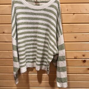 BiBi Striped Crew Sweater in Sage Green and Cream